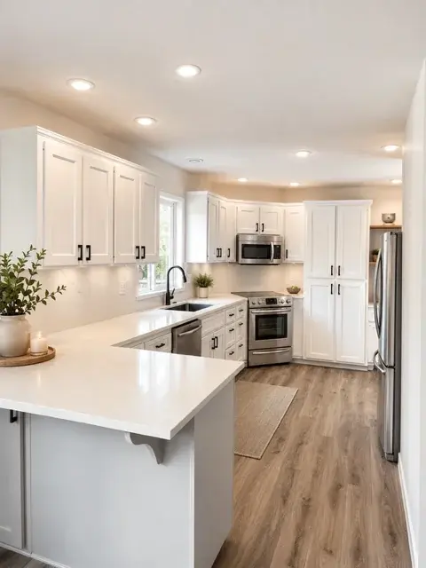 White shaker kitchen with quartz countertops, black hardware, and stainless appliances
