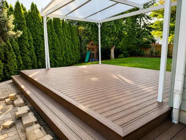 Composite deck with white pergola structure and mature arborvitae privacy screening