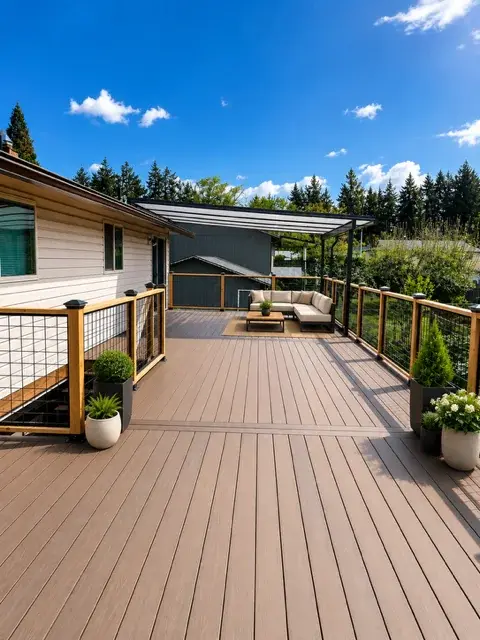 Elevated composite deck with pergola cover, cable railing, and outdoor lounge area — PDX Home Revival