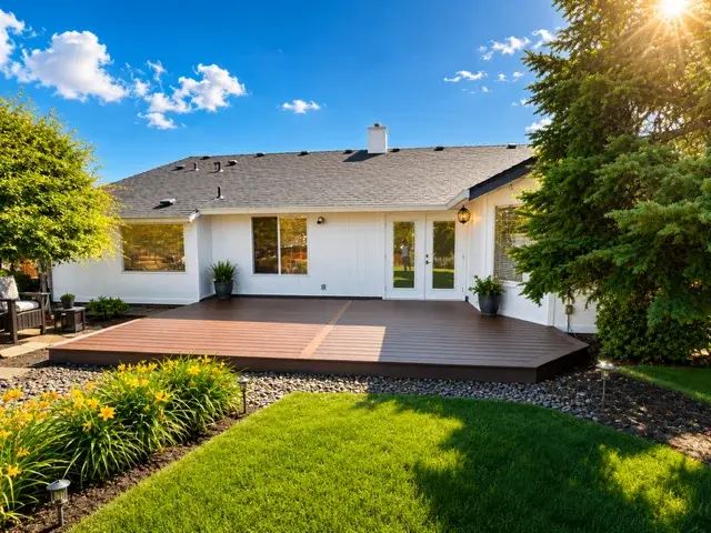Low-profile composite deck with clean lines surrounded by manicured garden and green lawn