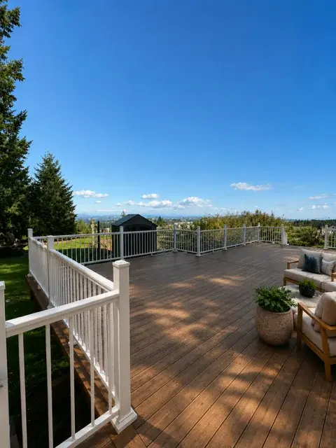 Elevated deck with white railing and panoramic Portland skyline view on a sunny day