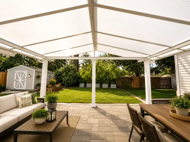 Large white pergola covered patio with stone pavers and outdoor living space